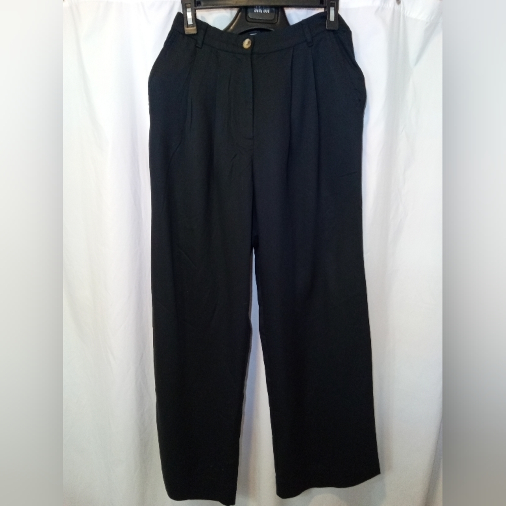 NWT Womens Black Slacks Pants Casual Office Button Zipper Elastic Band Wide Leg